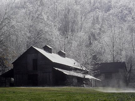 Barn covered in frost