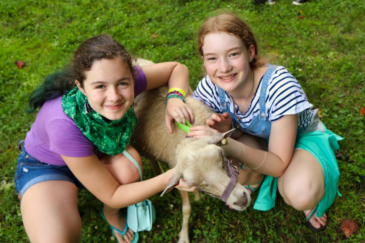 Girl camps with sheep